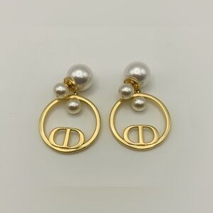 Dior CD Logo motif Gold Pearl Dangle Earrings